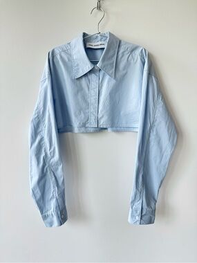 Ann Andelman Cropped Light Blue Button Up Point Collar Cotton Shirt - Size M